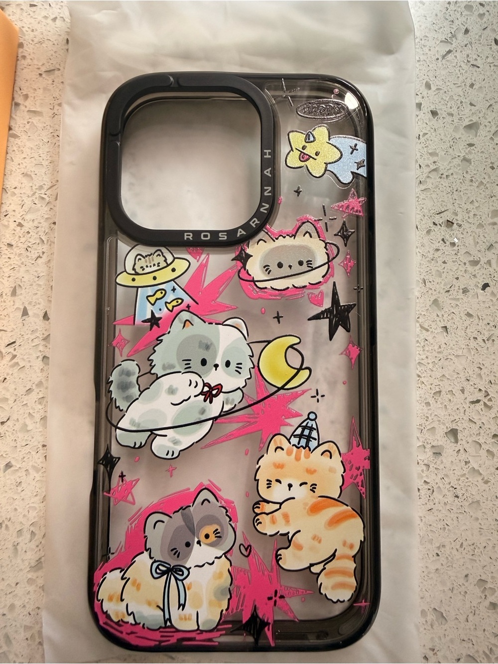 Rosanna Clear Cat iPhone Case with Black Trim and Pink Accents